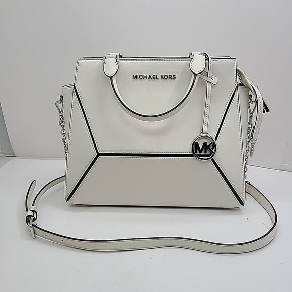 Michael Kors Prism Saffiano Leather Satchel Shoulder Bag White Purse 12 " - Picture 1 of 11